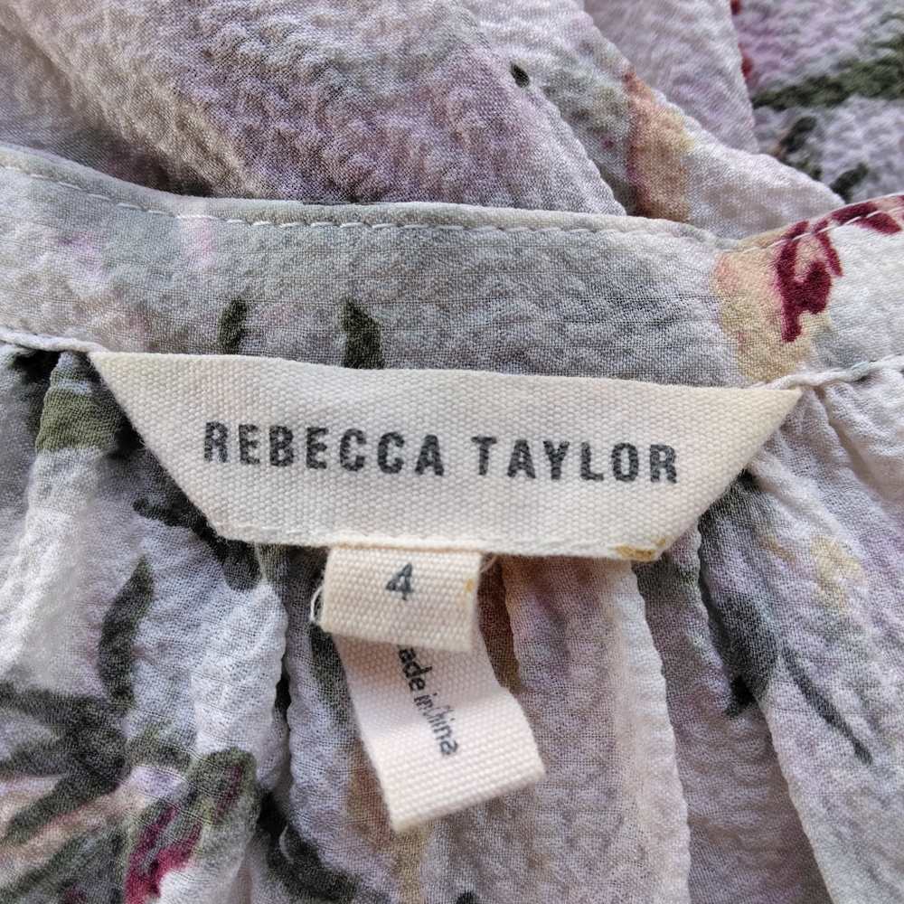 Rebecca Taylor Floral Hammered Silk Peasant Blouse Flowy Size 4 - Picture 8 of 9